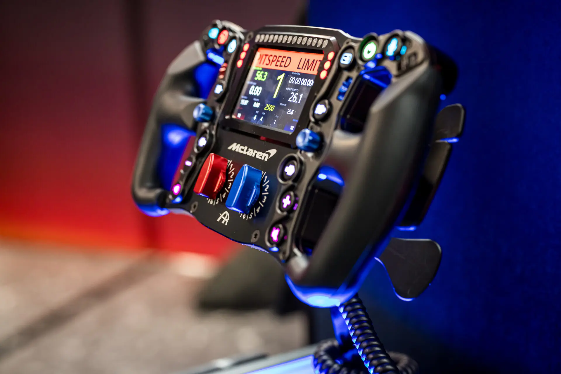 Close-up of the wheel of a McLaren sim rig